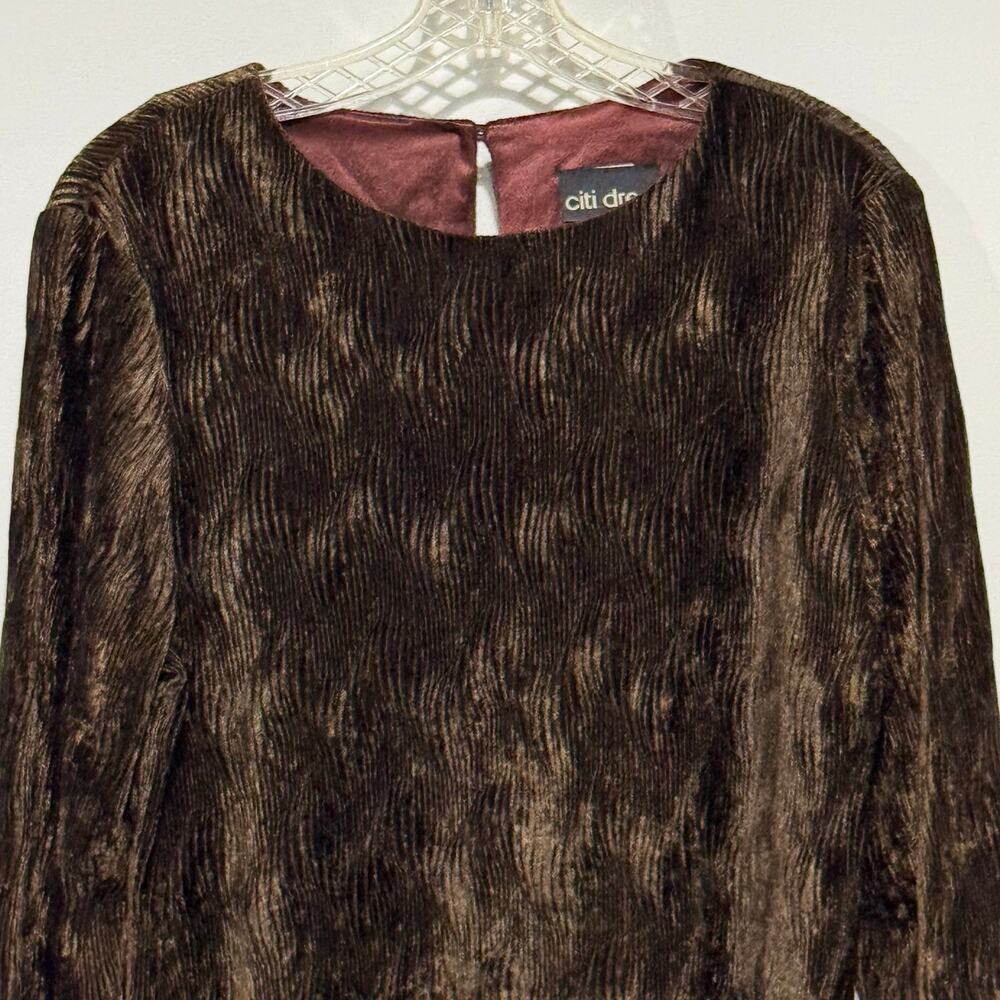 CitiDress Vtg Crinkle Velvet Tunic Top Chocolate Brown Velvet Size‎ 10 Pullover